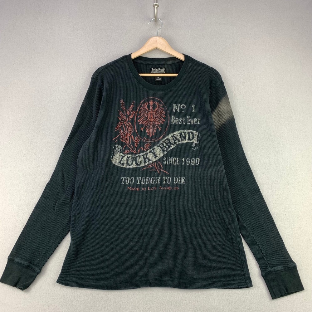 Lucky Brand Vintage Inspired Thermal Top Mens XL Faded Long Sleeve Logo Y2K Tee